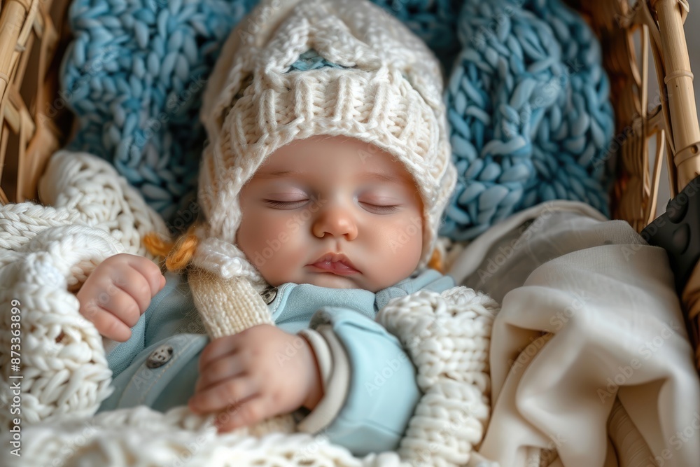 A newborn baby wearing a white knitted hat and clothes, with his eyes closed and sleeping in a stroller, capturing a calm and peaceful moment. A newborn baby wearing a white knitted hat and clothes, with his eyes closed and sleeping in a stroller, capturing a calm and peaceful moment.