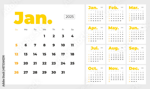 Minimalist style monthly calendar template for 2025 year. English calendar. Week starts on Sunday. Set of 12 months. Simple design with big letters, typographic elements. Square composition