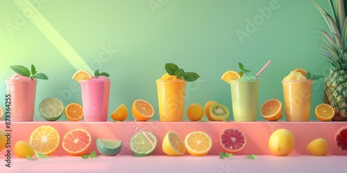 Colorful Fruit Smoothie Display with Citrus and Tropical Vibes