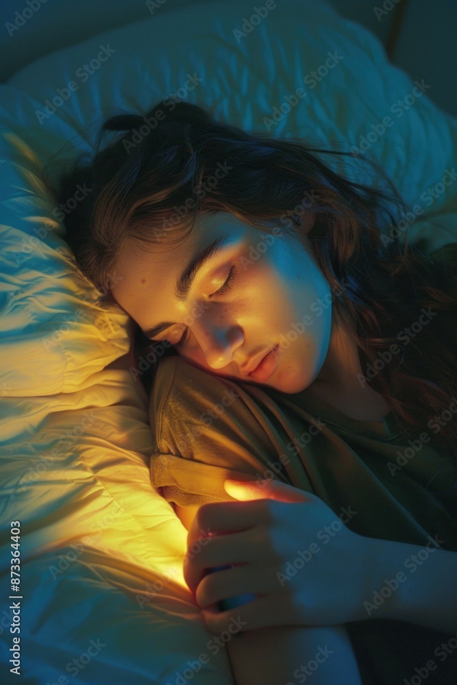 A woman is sleeping on a bed with a phone in her hand. The phone is lit up, and the light is shining on her face. Concept of relaxation and comfort A woman is sleeping on a bed with a phone in her hand. The phone is lit up, and the light is shining on her face. Concept of relaxation and comfort