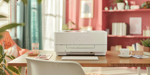 Cozy Home Office with White Printer and Pastel Accents on a Desk