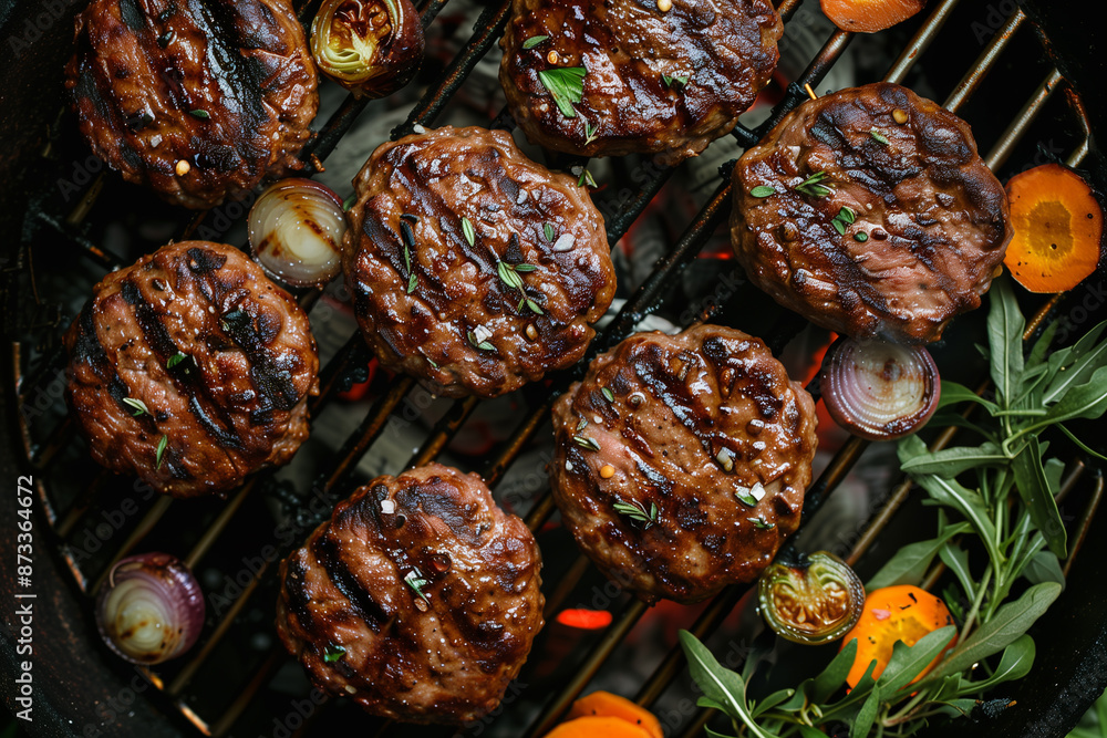 Grill with burgers and vegetables sizzling, top view Grill with burgers and vegetables sizzling, top view