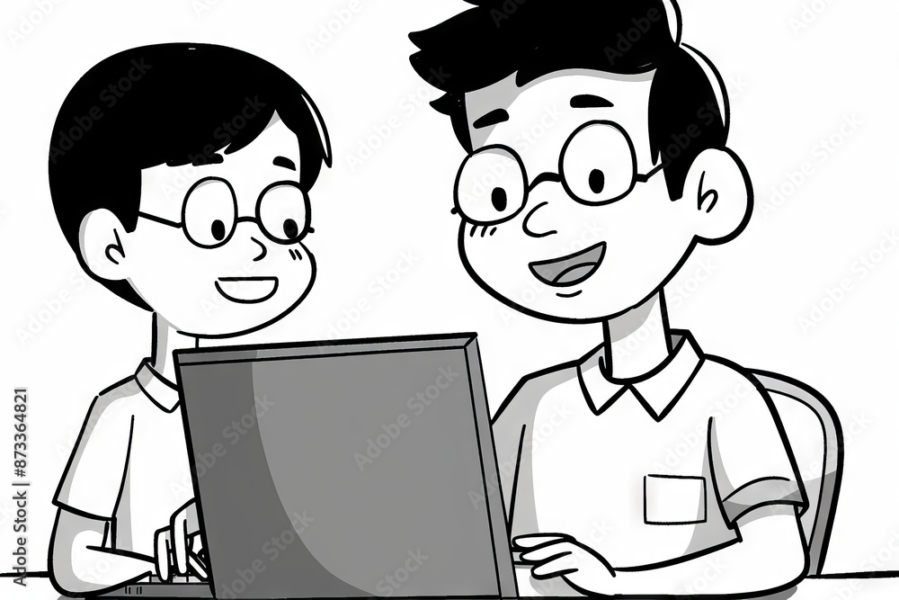 Father and son at the laptop - cartoon people characters illustration on white background. Generative AI Father and son at the laptop - cartoon people characters illustration on white background. Generative AI