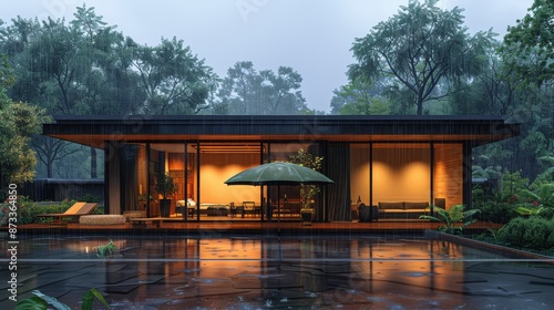 A modern house under a large green umbrella in a rainstorm