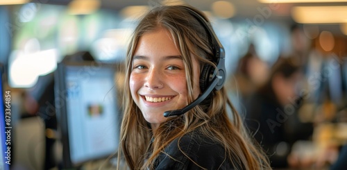 Young Woman Wearing Headphones and Smiling in an Office Setting