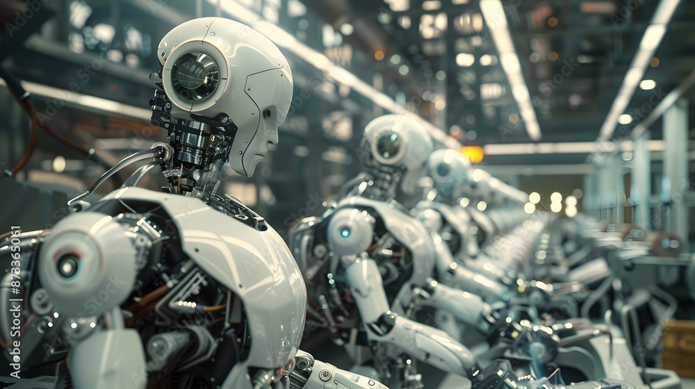 Line of robots being assembled in an industrial setting, highlighting advanced manufacturing and automation technology. Line of robots being assembled in an industrial setting, highlighting advanced manufacturing and automation technology.