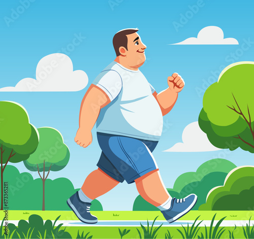 Fat man happily walks in the park to lose weight. Vector illustration.
