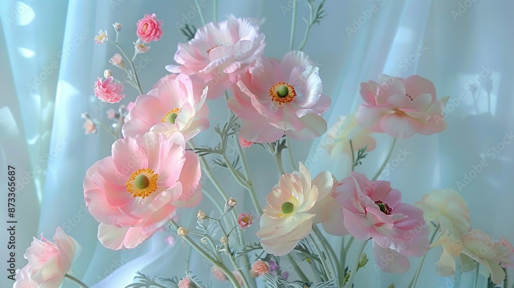 A vase brimming with numerous pink blossoms rests atop a window sill, framed by a blue drapery A vase brimming with numerous pink blossoms rests atop a window sill, framed by a blue drapery