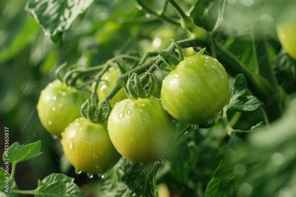 Fototapeta premium A group of green tomatoes are hanging from a plant. The leaves are wet, and the tomatoes are glistening