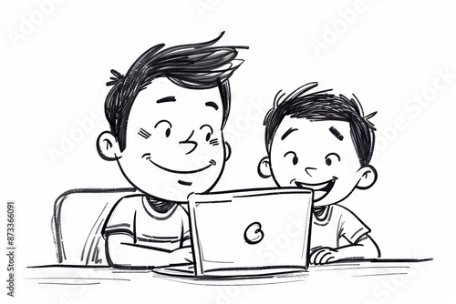 Father and son at the laptop - cartoon people characters illustration on white background. Generative AI