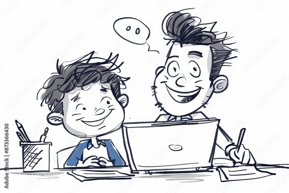 Father and son at the laptop - cartoon people characters illustration on white background. Generative AI Father and son at the laptop - cartoon people characters illustration on white background. Generative AI