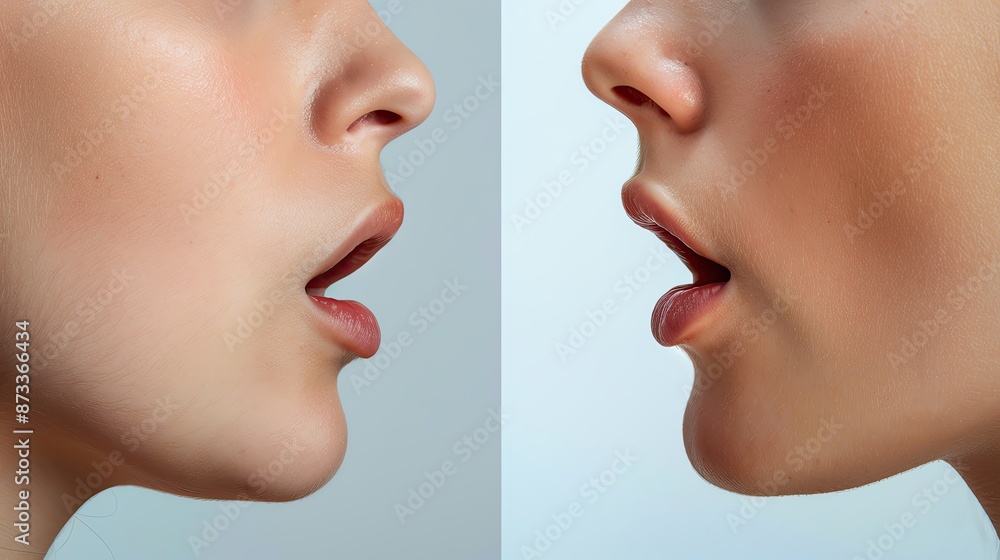Obraz premium Close-up profile of two people with parted lips. Minimalistic side view. Professional studio lighting highlighting facial details.