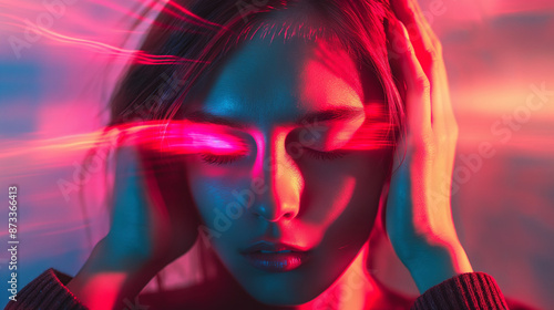 Young woman with an intense expression, illuminated by eerie red and blue lights, suggesting psychic powers or premonition.