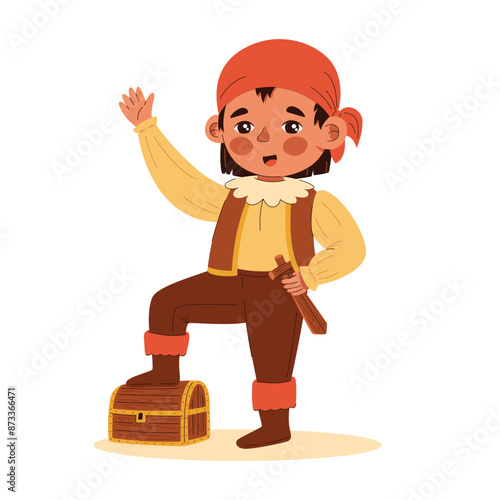 Happy little boy dressed in pirate costume with wooden sword having fun cartoon vector illustration
