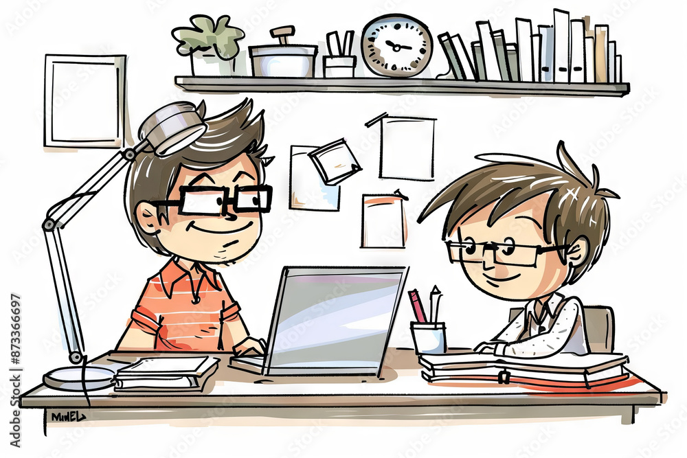 Father and son at the laptop - cartoon people characters illustration on white background. Generative AI Father and son at the laptop - cartoon people characters illustration on white background. Generative AI