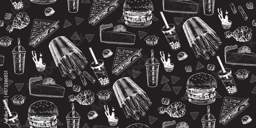 Seamless pattern with fast food. Drawn on chalkboard sketch style french fries, cheesecake, bubble tea, burger, sandwich, chips, chicken nuggets, dipping sauce. Background with street food
