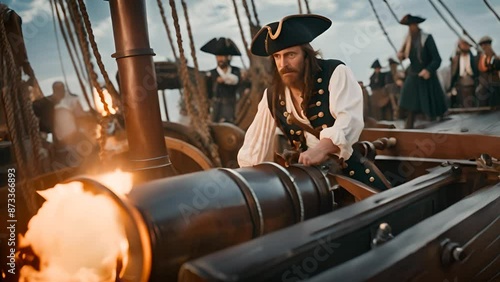 a pirate on a ship shoots from a big cannon 4k