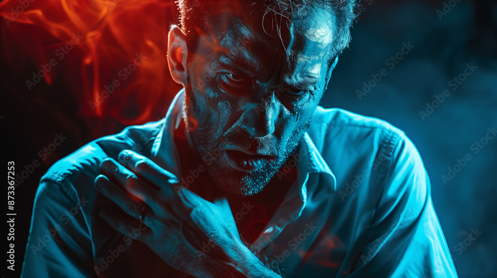 Man in distress, clutching chest under dramatic red and blue lighting, suggesting a heart attack. Man in distress, clutching chest under dramatic red and blue lighting, suggesting a heart attack.