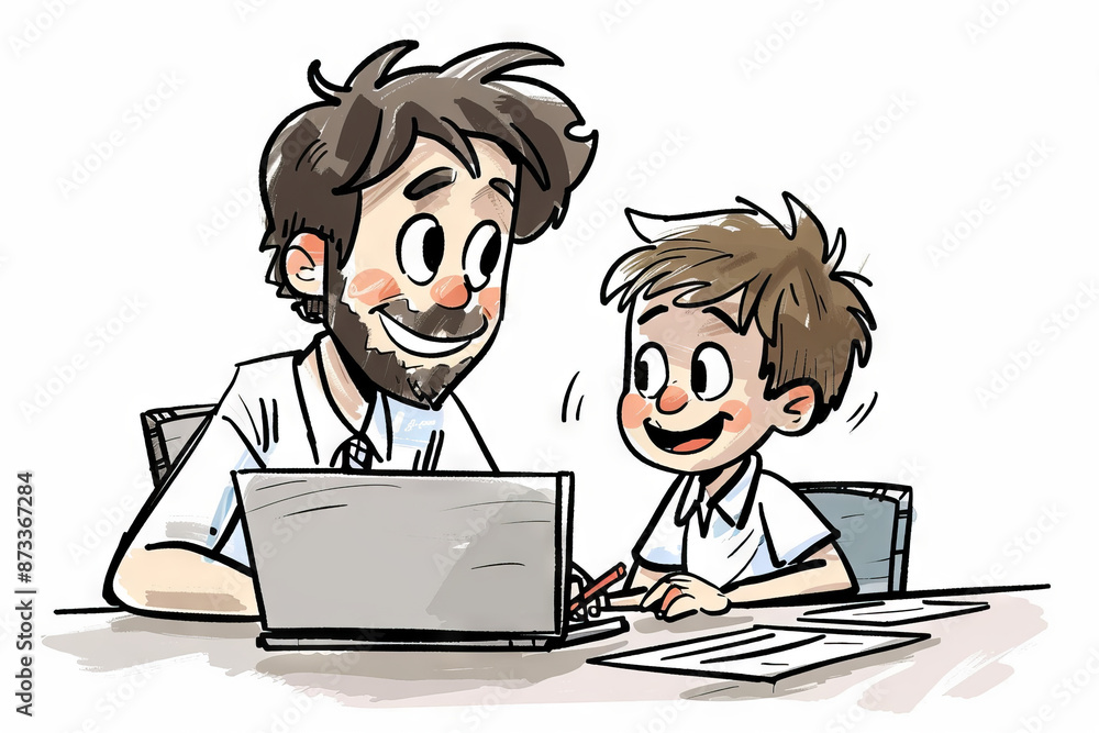 Father and son at the laptop - cartoon people characters illustration on white background. Generative AI Father and son at the laptop - cartoon people characters illustration on white background. Generative AI