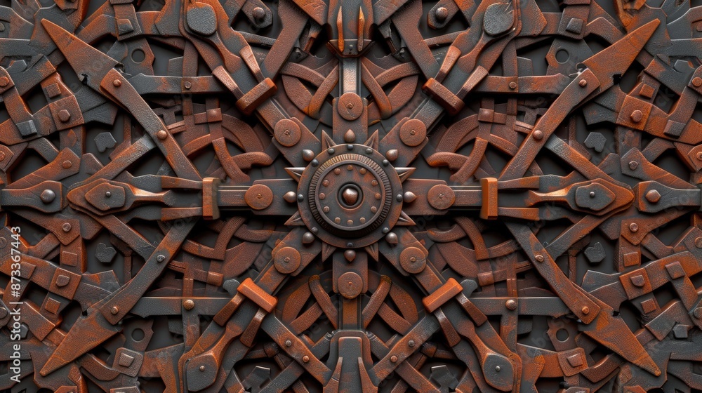 A close-up view of a rusty metal gear pattern with a central cog, showcasing a symmetrical and intricate design A close-up view of a rusty metal gear pattern with a central cog, showcasing a symmetrical and intricate design