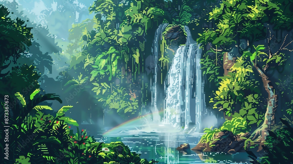 Pixelated landscape of a serene waterfall with lush greenery and a rainbow Pixelated landscape of a serene waterfall with lush greenery and a rainbow