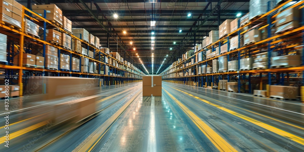 Dynamic Warehouse Interior with Stacked Boxes and Speeding Cartons Dynamic Warehouse Interior with Stacked Boxes and Speeding Cartons