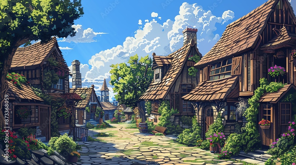 Pixel art of a medieval village with thatched roofs and cobblestone streets