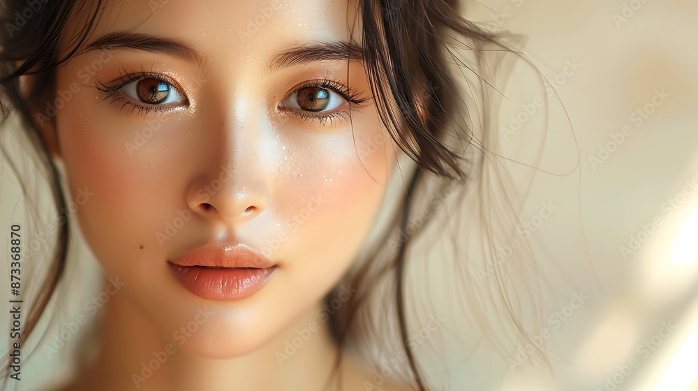 Close-up portrait of young Asian beautiful woman with K-beauty make up style and healthy and perfect skin isolated on beige background for skincare commercial product advertising. Close-up portrait of young Asian beautiful woman with K-beauty make up style and healthy and perfect skin isolated on beige background for skincare commercial product advertising.