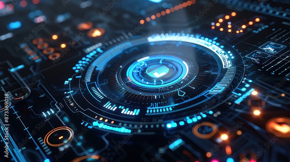 Futuristic digital interface with glowing blue and orange elements, representing advanced technology and innovation. Futuristic digital interface with glowing blue and orange elements, representing advanced technology and innovation.