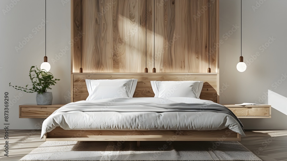 custom made wallpaper toronto digitalMinimalist Floating Wooden Bed Frame with Nightstands in Clean Contemporary Interior