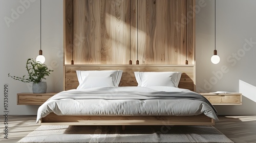 Wallpaper Mural Minimalist Floating Wooden Bed Frame with Nightstands in Clean Contemporary Interior Torontodigital.ca