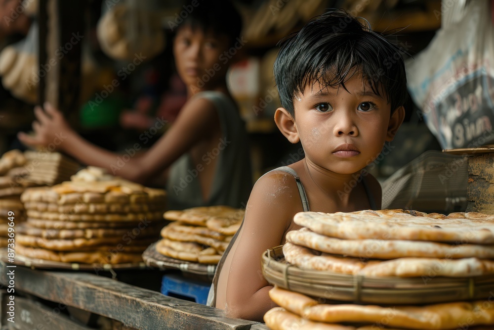Asian boy in a gray tank top sitting at a street stall with several stacks of round cakes. Asian boy in a gray tank top sitting at a street stall with several stacks of round cakes.