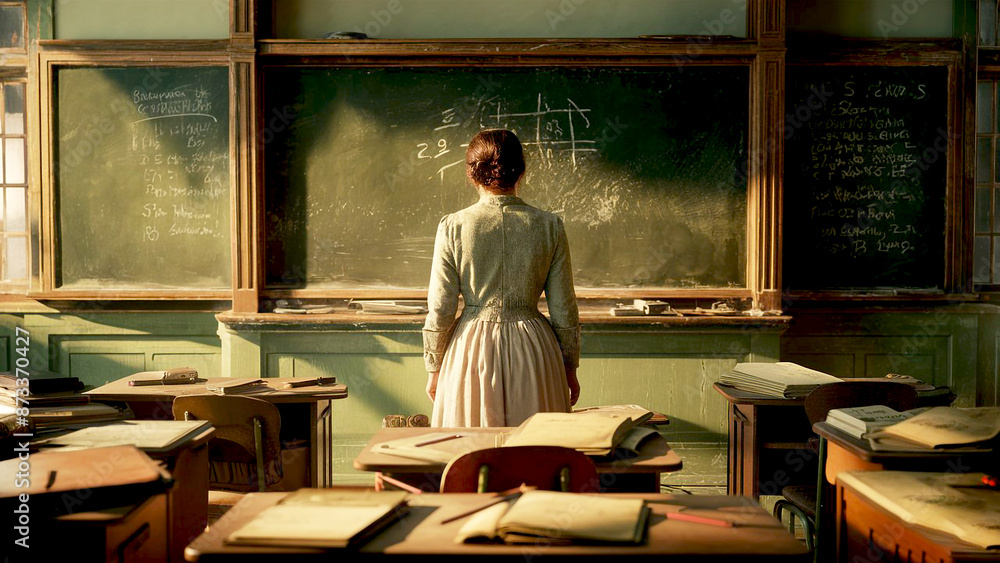 A cinematic still, captured of a woman standing in a vintage-inspired classroom, A cinematic still, captured of a woman standing in a vintage-inspired classroom,