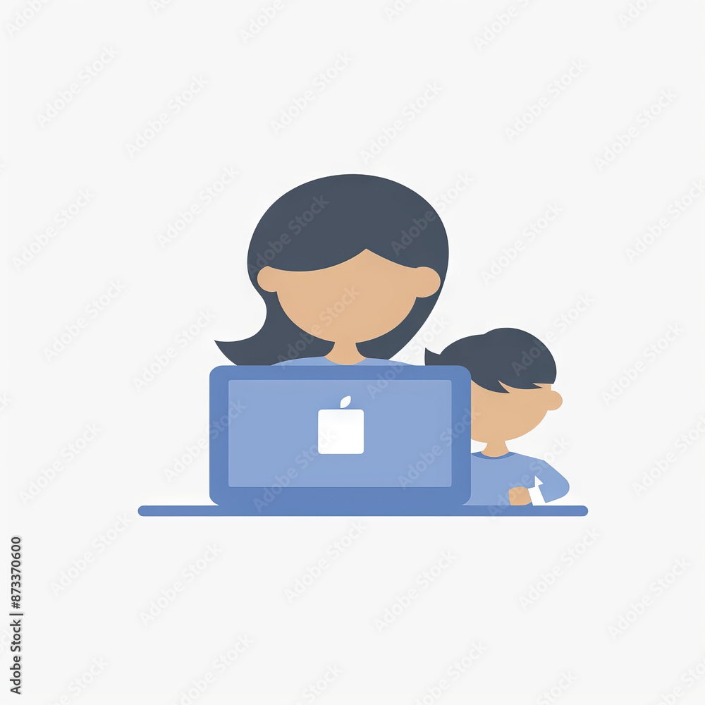 Mother and son at the laptop - cartoon people characters illustration on white background. Generative AI Mother and son at the laptop - cartoon people characters illustration on white background. Generative AI