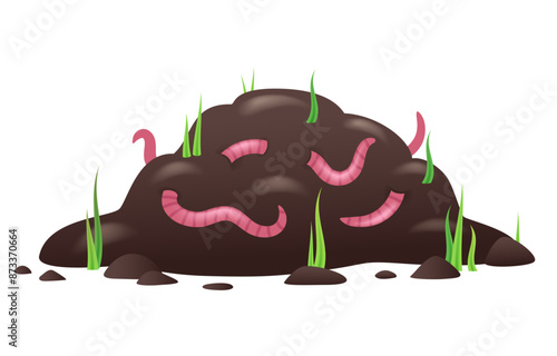 Compost pile with earthworms. Soil with humus. Vector 3d clipart isolated on white background.