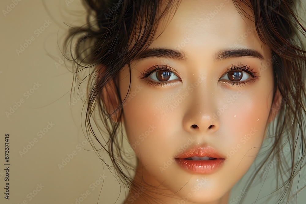 Fototapeta premium Close-up portrait of young Asian beautiful woman with K-beauty make up style and healthy and perfect skin isolated on beige background for skincare commercial product advertising. 