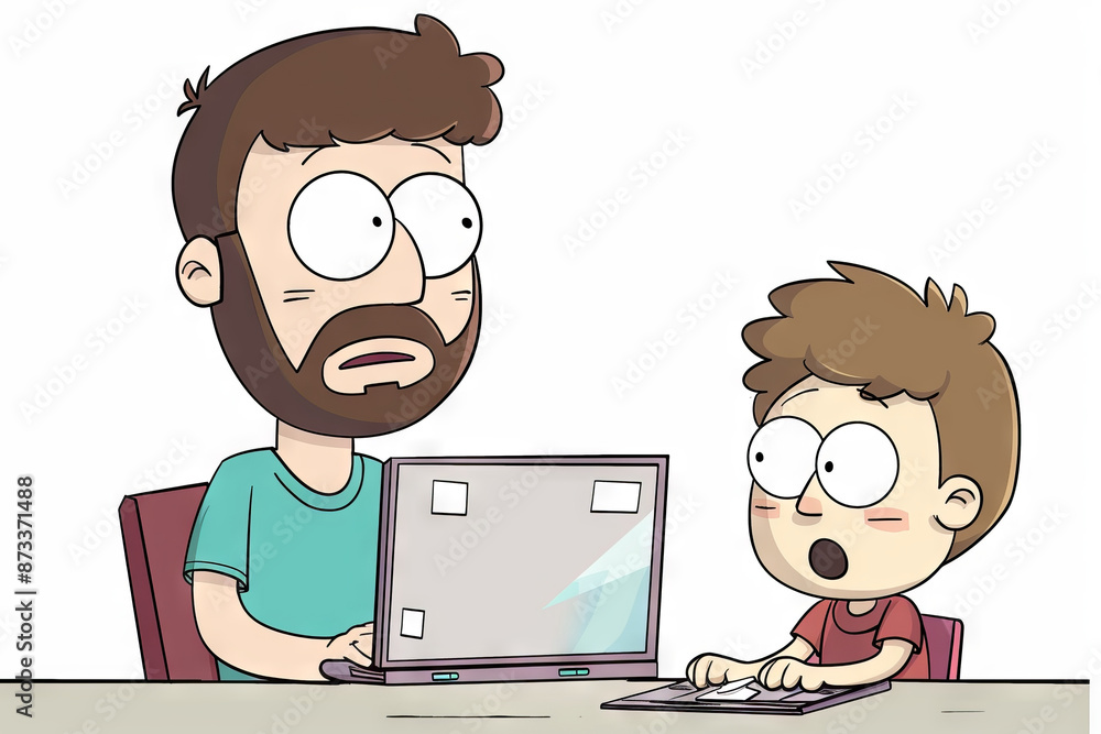 Father and son at the laptop - cartoon people characters illustration on white background. Generative AI Father and son at the laptop - cartoon people characters illustration on white background. Generative AI
