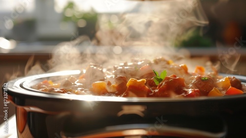 A shot of a slow cooker lid being lifted off revealing a steaming aromatic dish inside. photo
