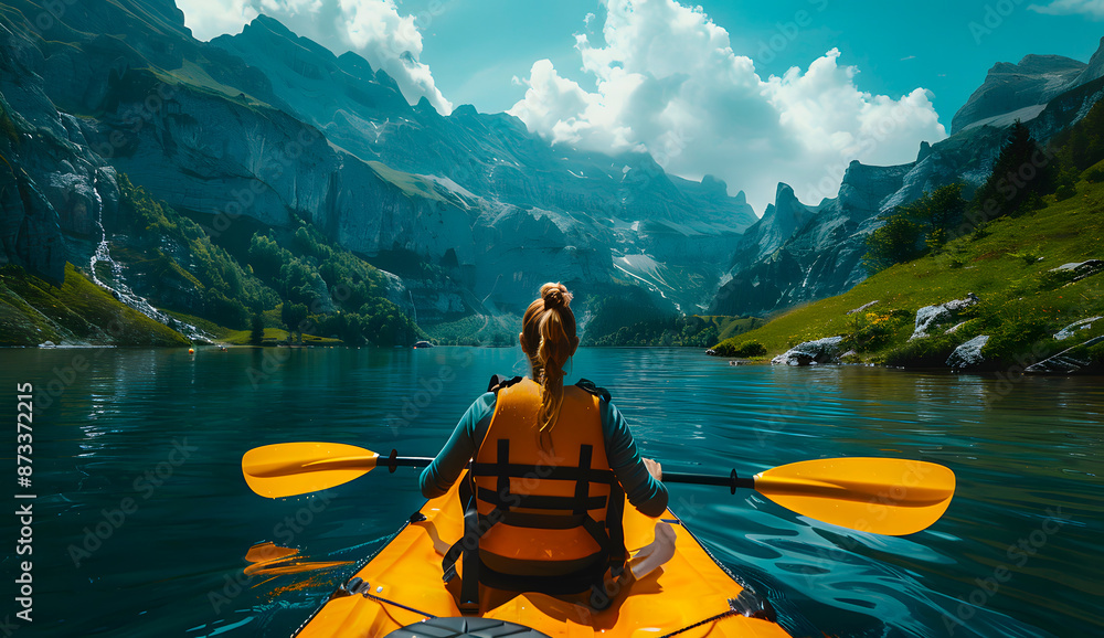 A woman kayaking on the lake surrounded by lush green mountains, in a peaceful and serene atmosphere. Generative Ai. A woman kayaking on the lake surrounded by lush green mountains, in a peaceful and serene atmosphere. Generative Ai.