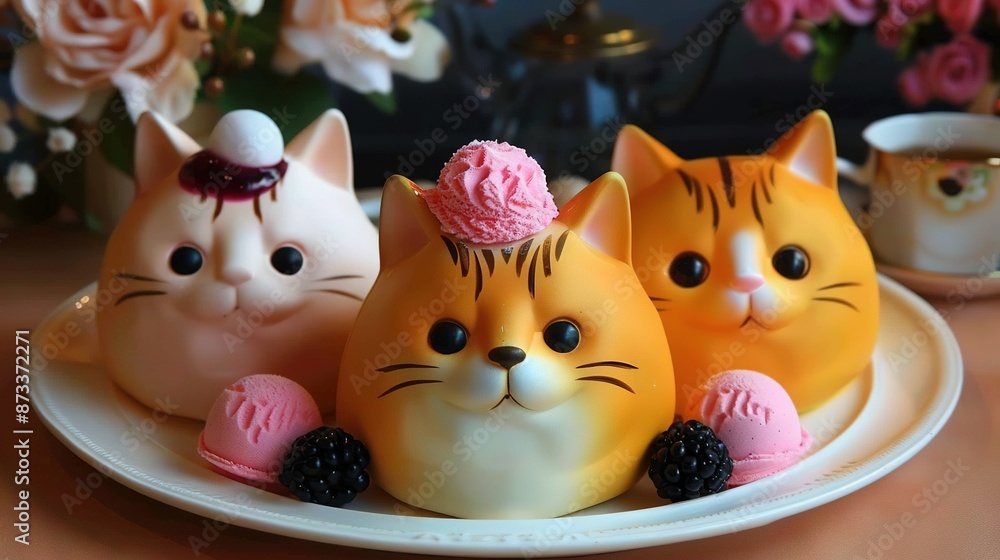 Fototapeta premium Three cats perched atop a plate, adorned with raspberries