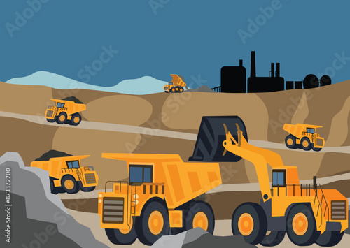 Mine landscape. Coal mining location with heavy equipment