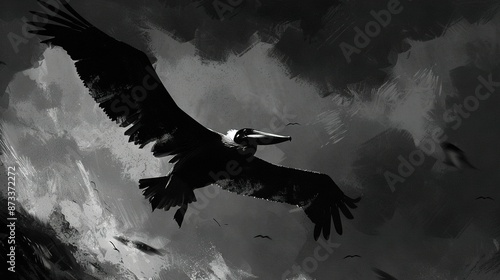   Black-and-white image of a giant bird flying above a group of birds in the sky