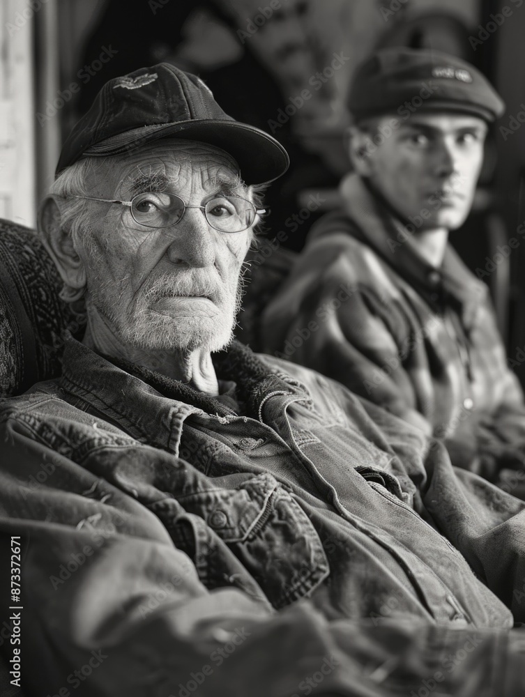 A man with a hat and glasses sits on a couch. A young man stands behind him A man with a hat and glasses sits on a couch. A young man stands behind him