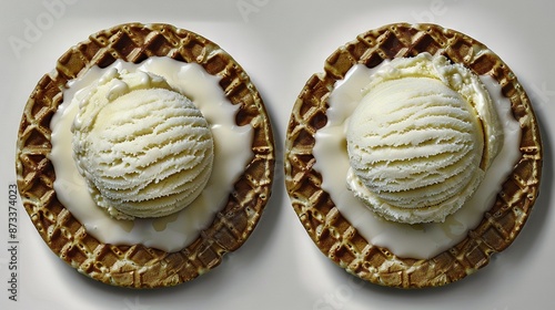  Two waffles topped with a scoop of ice cream and drizzled with white icing