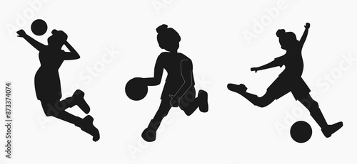 silhouettes of women doing sports volleyball, football, basketball isolated on white