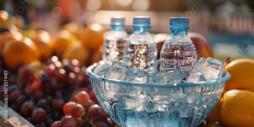 Refreshment Station: Ice-Cold Water Bottles Amid Abundant Fresh Fruits photo