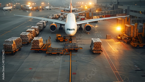 Airborne Efficiency: Aerial View of Cargo Unloading at the Airport
