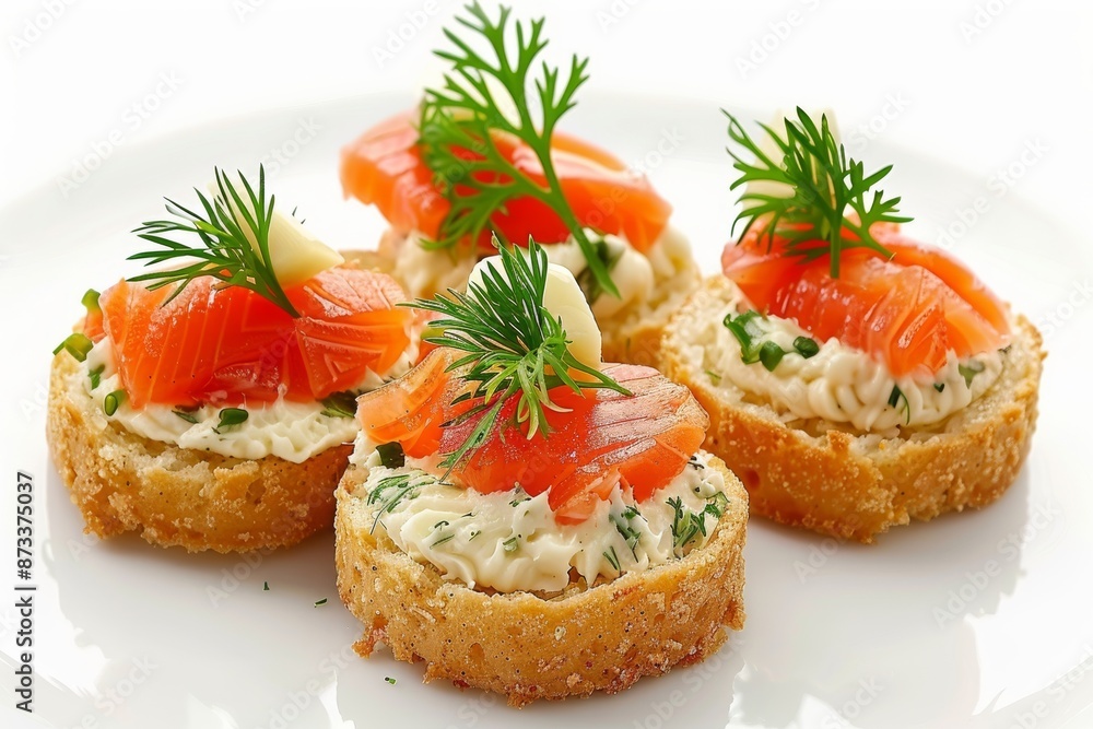 Delectable smoked salmon canapés with dill and cream cheese on toasted bread, perfect for appetizers Delectable smoked salmon canapés with dill and cream cheese on toasted bread, perfect for appetizers
