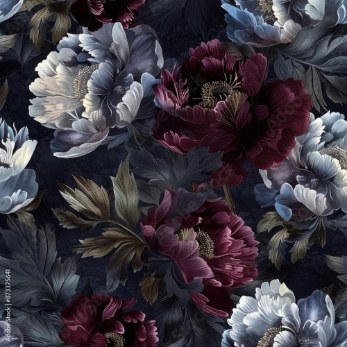 Fototapeta Naklejka Na Ścianę i Meble -  Luxury seamless design of peony blossoms in deep jewel tones with subtle metallic accents on a dark, opulent background, evoking richness and elegance