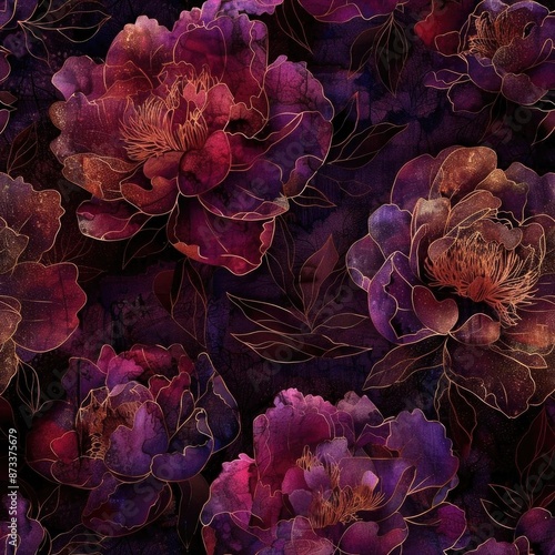 Luxury seamless design with detailed peony blossoms in deep jewel tones, accented by subtle metallic highlights on a dark, textured background